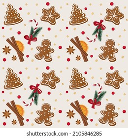 Seamless pattern for Christmas with gingerbread, sweets, fir branches, cinnamon and cloves. Vector illustration.