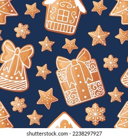 Seamless pattern with Christmas gingerbread. Texture with New Year cookies and white icing. Great for paper, textile, wallpaper