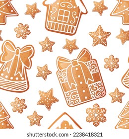 Seamless pattern with Christmas gingerbread. Texture with New Year cookies and white icing. Great for paper, textile, wallpaper