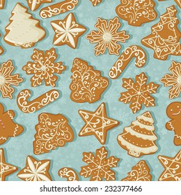 Seamless pattern with Christmas gingerbread in vintage style on turquoise background.