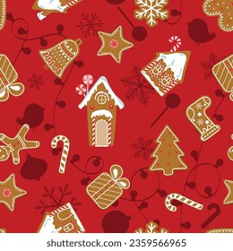 Seamless pattern with Christmas gingerbread in vintage style on red background. For decoration textile, packaging, culinary packaging. Vector illustration.