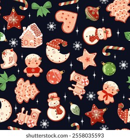 Seamless pattern with Christmas gingerbread in vintage style on black background. For decoration textile, packaging, culinary packaging. Vector illustration.