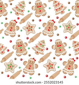 Seamless Pattern of Christmas Gingerbread, Wooden Rolling Pin, tree, star and Candy Mint. Brown, Red, Green and White- Christmas Vector Illustration