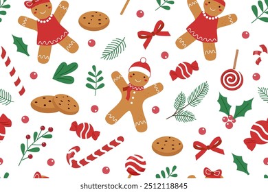 Seamless pattern of Christmas gingerbreads on white background. Christmas background. Christmas concept. Christmas gingerbread man.