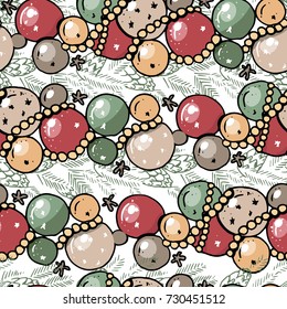 Patrón sin foco con bolas de vidrio de navidad y ramas de abetos forestales. Oro, color verde y rojo, dibujado a mano. Textura sin fin para el diseño de temporada festiva.