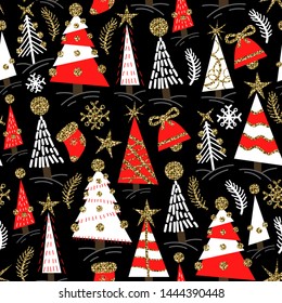 Seamless pattern with Christmas glitter trees, bells and socks. Vector.