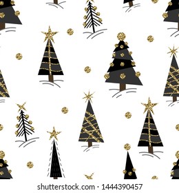 Seamless pattern with Christmas glitter trees, bells and socks. Vector.