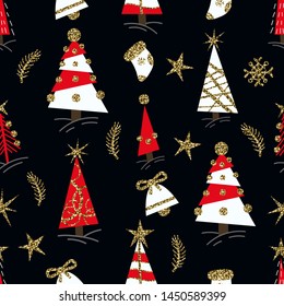 Seamless pattern with Christmas glitter trees, bells and socks. Vector.