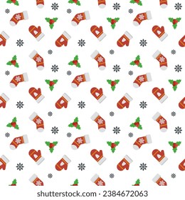 Seamless pattern christmas glove and sock, snowflake, and leaves design for wallpaper, wrapping, paper, and fabric. Vector illustration on isolated white background.