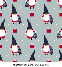 Seamless pattern with Christmas gnome. Festive wrapping paper. Vector background.