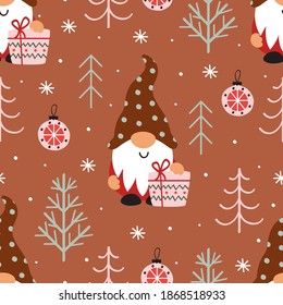 seamless pattern with Christmas gnome and gift