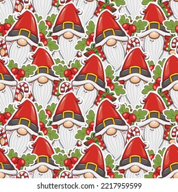 Seamless Pattern Christmas Gnome Santa Claus