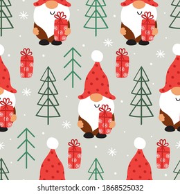 seamless pattern with Christmas gnome , Christmas tree and gift
