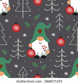 seamless pattern with  Christmas gnome, Christmas trees and Christmas ball