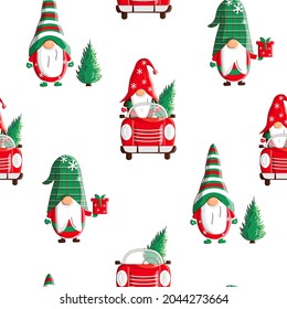Seamless pattern and christmas gnome in truck   new year tree  Holiday print   wrapping paper  Vector illustration