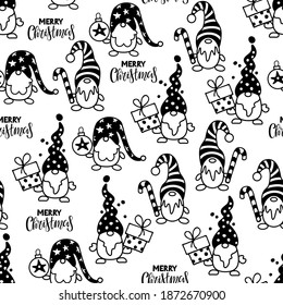 Seamless pattern with Christmas gnomes and Merry Christmas lettering. Design for Merry Christmas and Happy New Year DIY, wrapping, wallpapper in Flat Style. Happy New Year vector design.