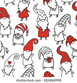 Seamless pattern with Christmas gnomes on a white background. Scandinavian vector illustration. Can be used for textile, wrapping, wallpaper.
