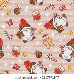 Seamless Pattern Christmas Gnomes Santa Claus, Cute Cartoon Illustration