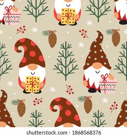 seamless pattern with Christmas gnomes and Christmas trees