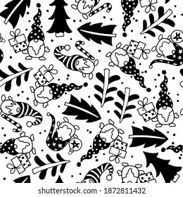 Seamless pattern with Christmas gnomes and Christmas trees. Design for Merry Christmas and Happy New Year DIY, wrapping, wallpapper in doodle Style. Happy New Year vector design.