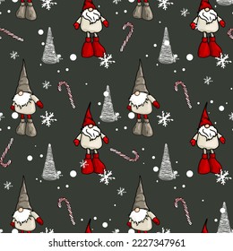 Seamless pattern with Christmas gnomes and Christmas trees. Christmas seamless illustration, pattern for designer, logo, icon, textile