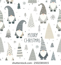 Seamless pattern with Christmas gnomes and trees in soft grey tones on white background. Perfect for holiday wrapping paper, cards, and festive designs