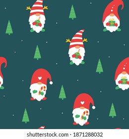 Seamless pattern with Christmas gnomes. Vector xmas illustration. New Year seamless pattern for fabric, wallpaper or wrapping paper.