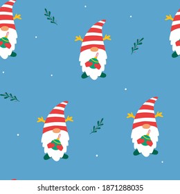Seamless pattern with Christmas gnomes. Vector xmas illustration. New Year seamless pattern for fabric, wallpaper or wrapping paper.