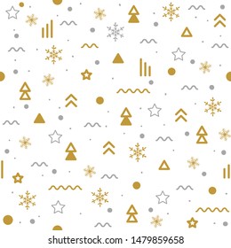 Seamless pattern for Christmas with gold snowflakes and memphis elements for greeting cards, wrapping papers, fabric and Website backgrounds. Vector illustration