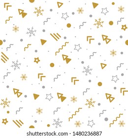 Seamless pattern for Christmas with gold snowflakes and memphis elements for greeting cards, wrapping papers, fabric and Website backgrounds. Vector illustration