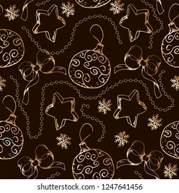Seamless pattern, christmas golden decorations, hand drawn elements,vector illustration