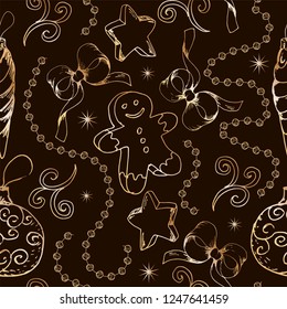 Seamless pattern, christmas golden decorations, hand drawn elements,vector illustration