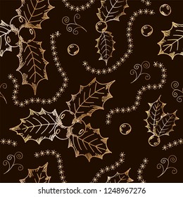 Seamless pattern, christmas golden decorations, holly, hand drawn elements,vector illustration