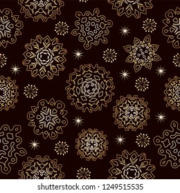 Seamless pattern christmas golden snowflakes, hand drawn elements, vector illustration
