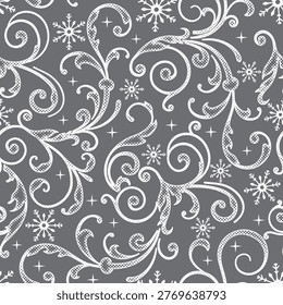 Seamless Pattern of Christmas Gray and White Swirl with Snowflakes- Christmas Swirl Vector design 
