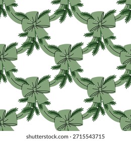 Seamless pattern with Christmas green bows connected by ribbons and green fir branches like a bouquet, decoration. Flat-style texture for wrapping holiday gifts, festive home decor, or winter season
