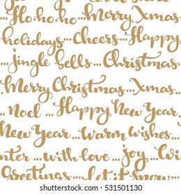 Seamless pattern of Christmas greetings and wishes calligraphy golden on a white background