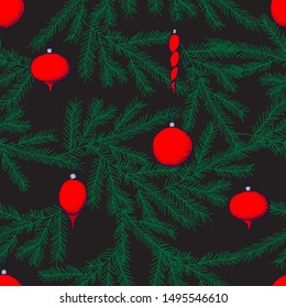 Seamless Pattern .Christmas hand drawn cards with Christmas tree, fir branch, deer, balls. Vector illustration.