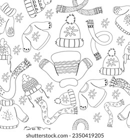Seamless pattern of Christmas hand drawn outline winter clothes outline. Sweater, hat, scarf