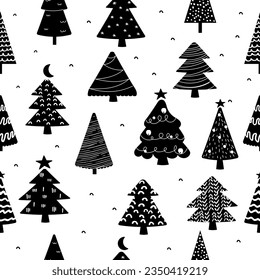 Seamless pattern of Christmas hand drawn Christmas trees silhouette, black and white