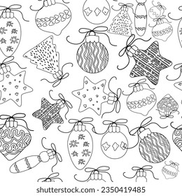 Seamless pattern of Christmas hand drawn outline toys for Christmas tree