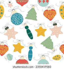 Seamless pattern of Christmas hand drawn Christmas tree toys