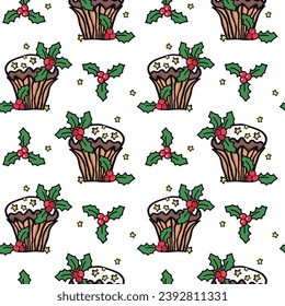 Seamless pattern for Christmas with hand drawn botanical greenery plants and sweet cake. Endless texture for gift wrap, wallpaper, web banner, wrapping paper and fabric. Vector holiday background.