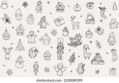 Seamless pattern of Christmas hand drawn whimsical line art icons. Vector illustrations, Xmas pattern, hand sketched doodles, Quirky style drawing.