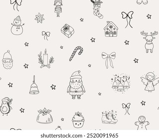 Seamless pattern of Christmas hand drawn whimsical line art icons 2. Vector illustrations, Xmas pattern, hand sketched doodles, Quirky style drawing, seamless wallpaper.