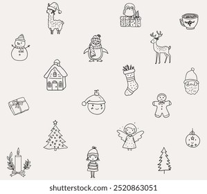 Patrón sin fisuras de Navidades dibujadas a mano caprichosos iconos de arte de línea 5. Ilustraciones vectoriales, patrón de Navidad, garabatos dibujados a mano, dibujo de estilo peculiar, Fondo de pantalla sin costuras.