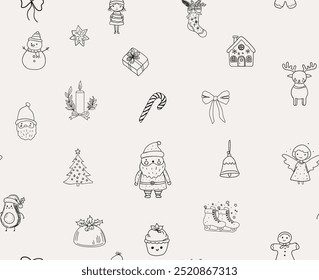 Seamless pattern of Christmas hand drawn whimsical line art icons 3. Vector illustrations, Xmas pattern, hand sketched doodles, Quirky style drawing, seamless wallpaper.