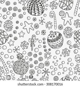 Seamless pattern with Christmas hand-drawn decorative elements in vector. Fancy Christmas balls, stars. Pattern for coloring book. Black and white pattern.  Made by trace from sketch. Zentangle