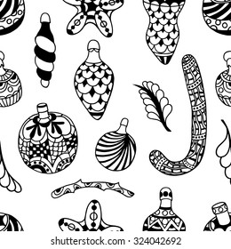 Seamless pattern with christmas hand-drawn decorative elements in vector. Fancy Christmas balls. Pattern for coloring book. Black and white pattern. Made by trace from sketch. Zentangle