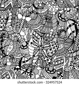 Seamless pattern with christmas hand-drawn decorative elements in vector. Fancy Christmas balls. Pattern for coloring book. Black and white pattern. Made by trace from sketch. Zentangle